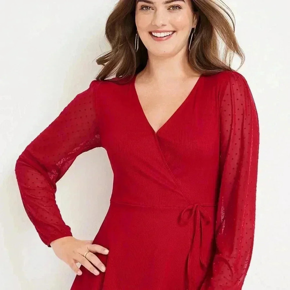 MAURICES ladies v-neck ribbed long sheer sleeve large wrap blouse red - Picture 12 of 12